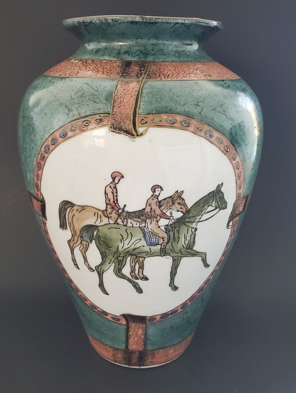 Vintage WFBI Porcelain Vase. Polo, Equestrian, Jockies, Bridles, 80s Colors, 10"